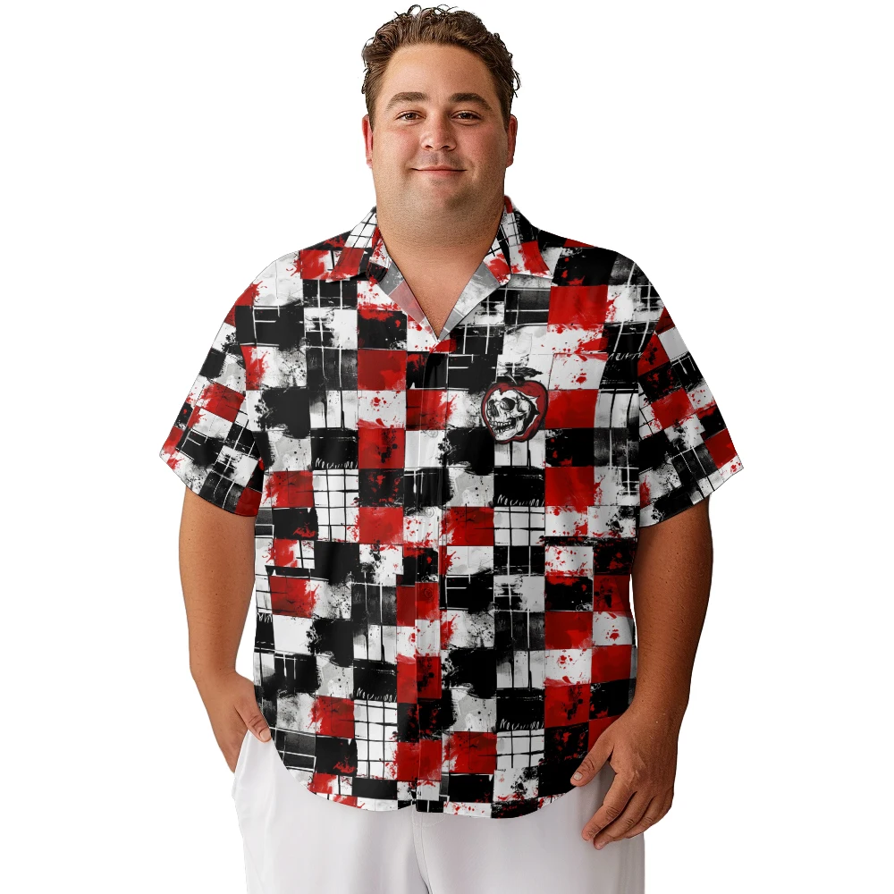 2024 new Hawaii Men's shirts plus size Halloween skull red and black chess grid printed clothing casual short-sleeved