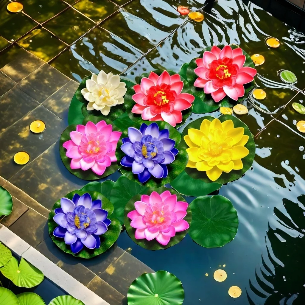 16PCS Bright foam Lotus Flower and Leaf Set - Realistic floating lotus is suitable for pond, fountain and garden decoration