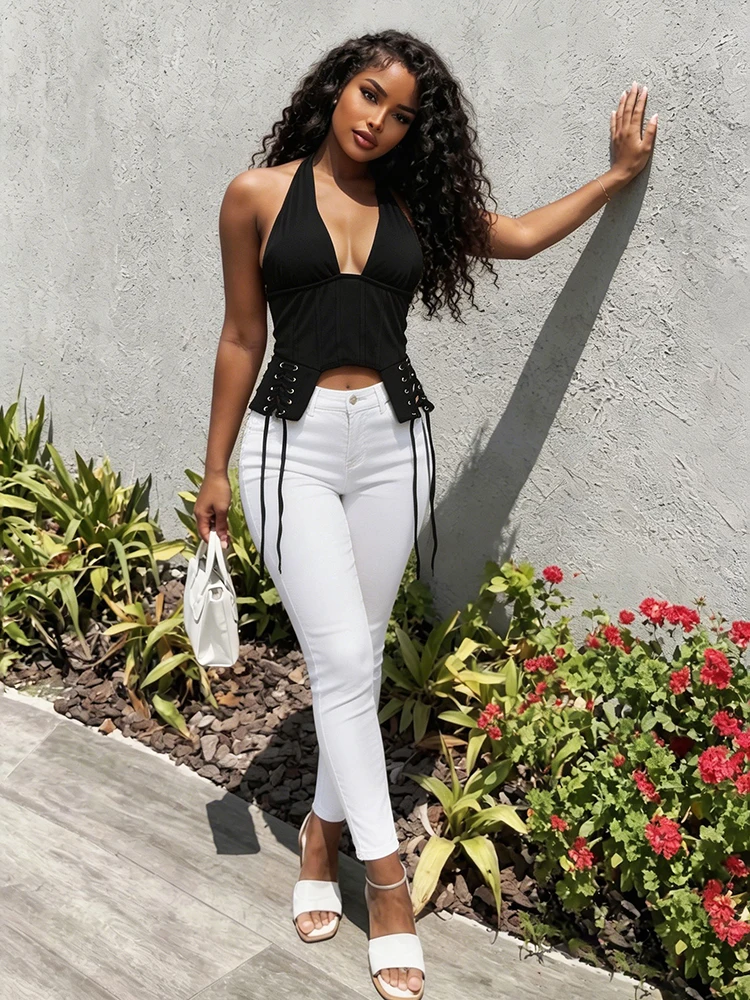 Sisterlinda Trend Damen Cross-Bandage Tanktop mit Dekoration, Neckholder, tiefem Ausschnitt, rückenfrei, unregelmäßige Form, sexy Sommer-Mode-Westen – Detail 14