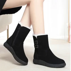 Female Shoes on Sale 2023 Zipper Women's Boots Winter Round Toe Solid Flock Plush Warm Short Barrel Low-heeled Casual Snow Boots