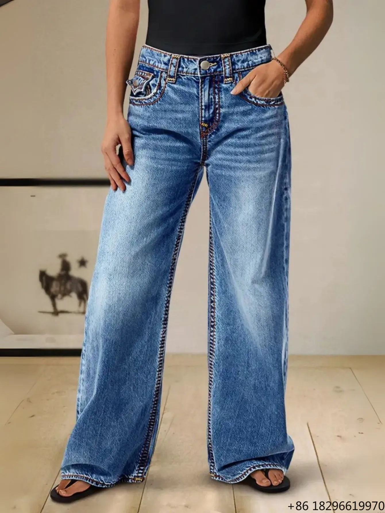 2026 New Women Contrast Stitch Flap Pocket Wide Leg Jeans Mid Rise Light Wash Loose Denim Trousers