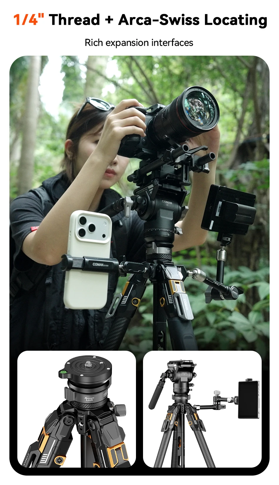 COMAN T1 T1S V5 Reise-Karbonfaser-Stativ mit Ein-Klick-Schnellverschluss und Panorama-Gimbal-Videokopf für DSLR-Kamera Manfrotto DJ – Detail 10