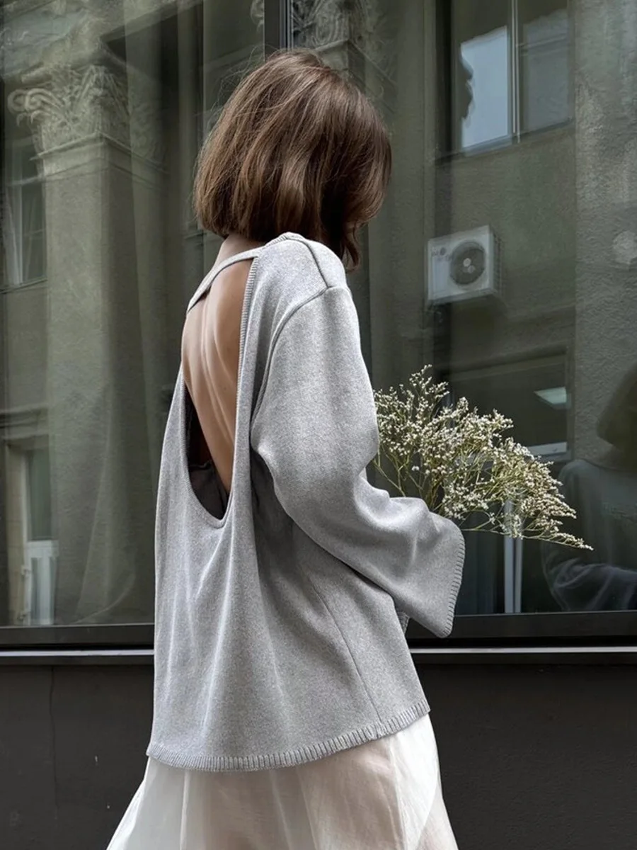 Frauen Baumwolle Pullover Herbst Winter Backless Pullover Langarm Top Oversize Pyjama Solide Stricken Pullover Top Pendler Pullover