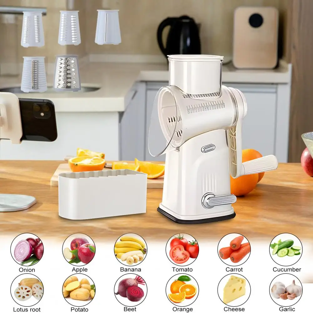 

5-in-1 Shredder for Cheese Vegetable 5-in-1 Rotary Cheese Grater Hand Shredder for Cheese Vegetables with Non-slip Suction Base