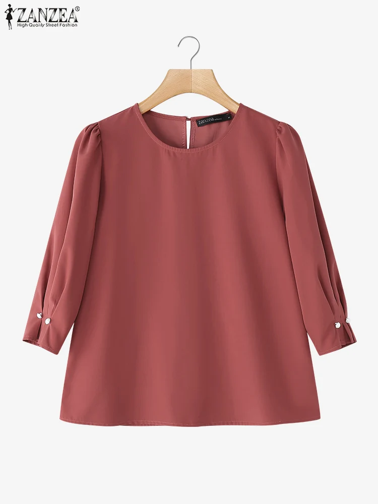 ZANZEA Camicette da donna eleganti Autunno 2025 Girocollo Manica a tre quarti Blusas Mujer Moda coreana Cinch-Cuffs Solid Top