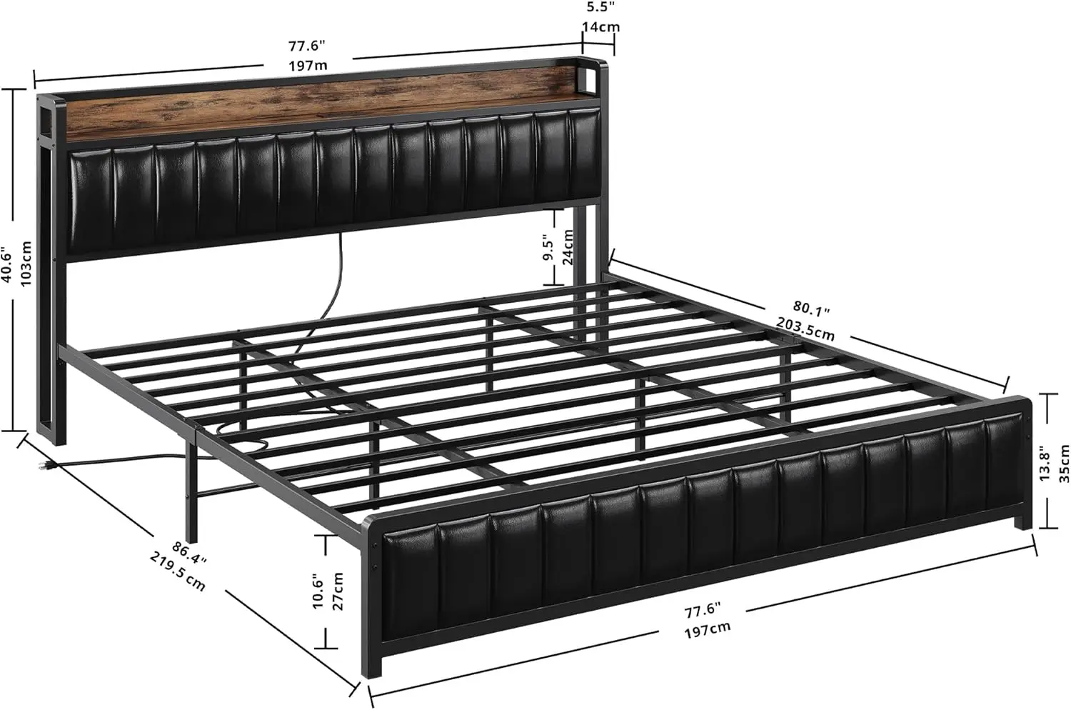 King Bed Frame with Storage Headboard and Footboard, Upholstered Platform Bed with USB Ports and Outlets, Strong Steel Sl