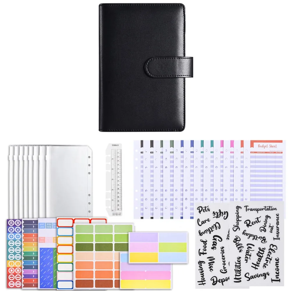 Stickers A6 Cash Budget Ledger Magnetic button Ruler Loose-leaf Notebook Daily Plan with Index Tags Coil PU Leather Folder Kids