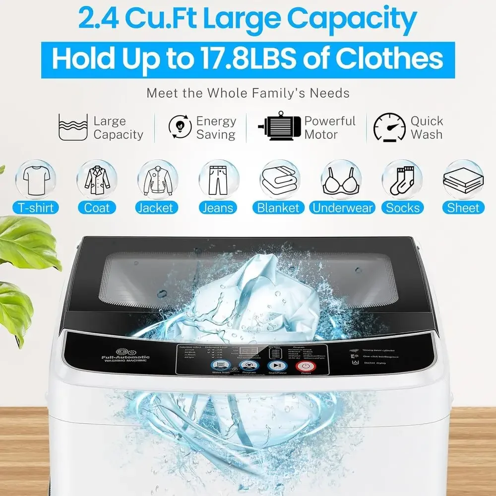 Compact 2.4 Cu.ft 17.8Lbs Capacity Automatic Portable Washer with 10 Programs, 8 Water Levels, Drain Pump, Glass Lid, Ideal for