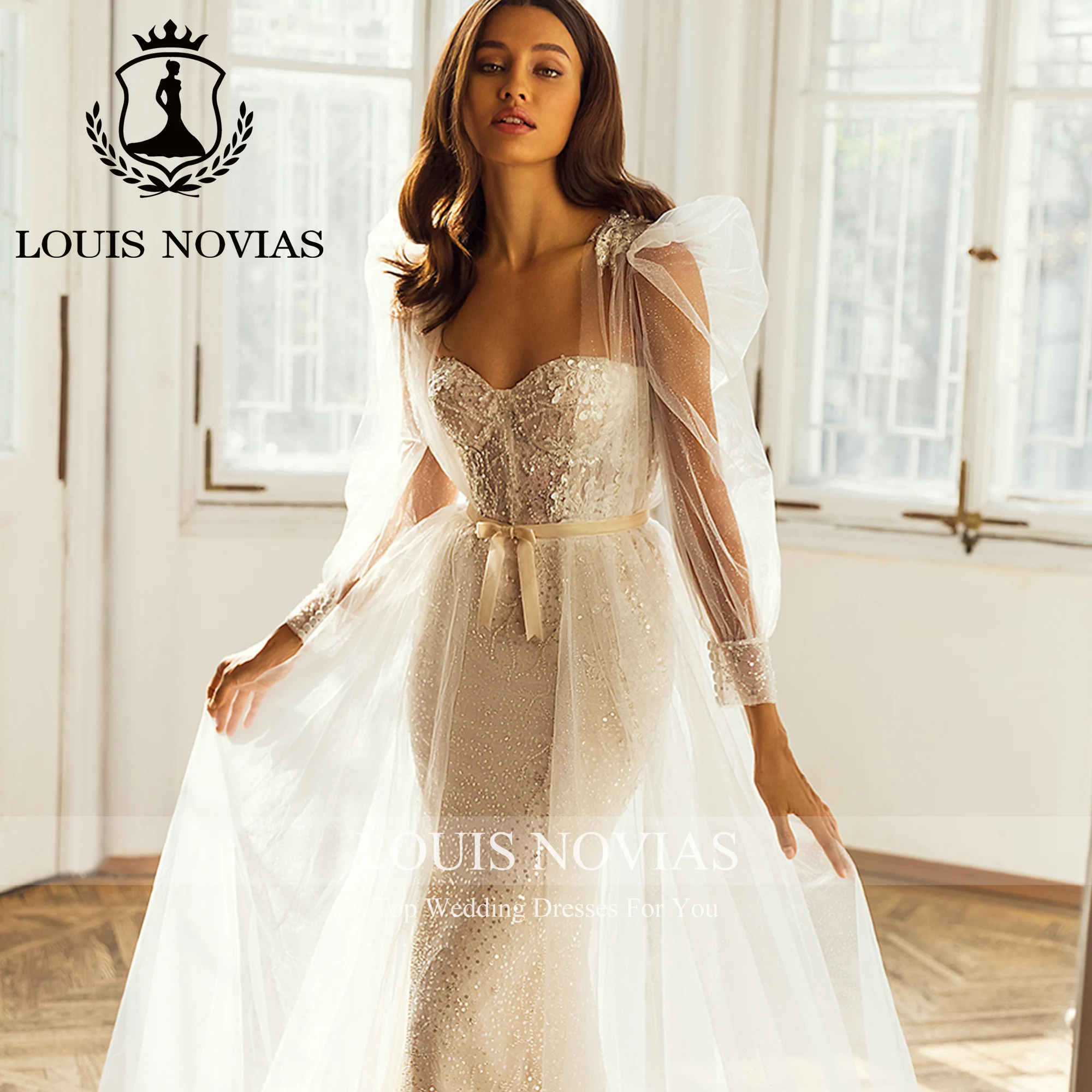 LOUIS NOVIAS 2IN1 Mermaid Wedding Dress For Women Sexy Sparkling Puff Sleeve Beading Belt Mit Cape Wedding Gown Vestido De Novia