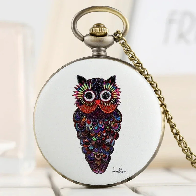 Vintage Style Colorful Night Owl Design Full Hunter Quartz Pocket Watch for Men Women Necklace Chain Clock To Kid Antique Reloj