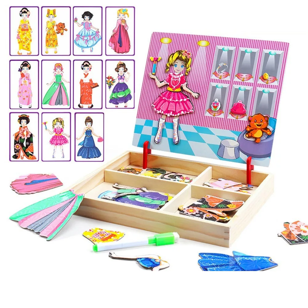 

Wood Magnetic 3D Puzzles with Lid Educational Kids Drawing Whiteboard Reusable Blackboard Magnetic Stickers Toys