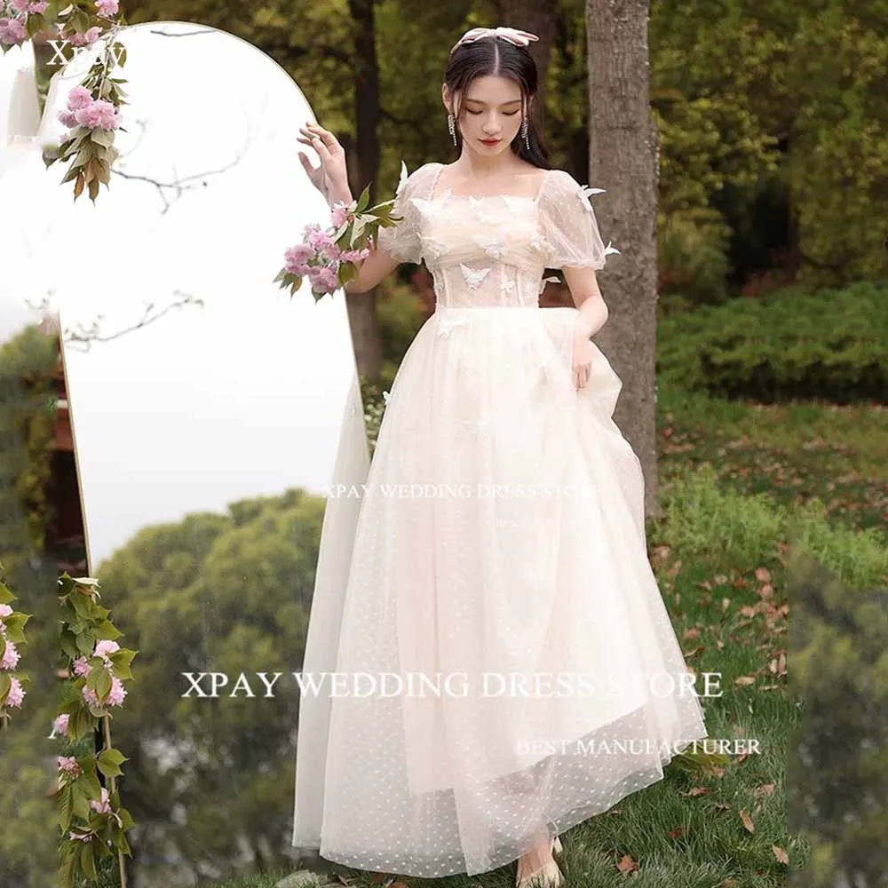 XPAY Square Neck A Line Korea Evening Dresses Butterfly Lace Short Sleeve Dot Tulle Formal Prom Gown Photo Shoot Party Dress