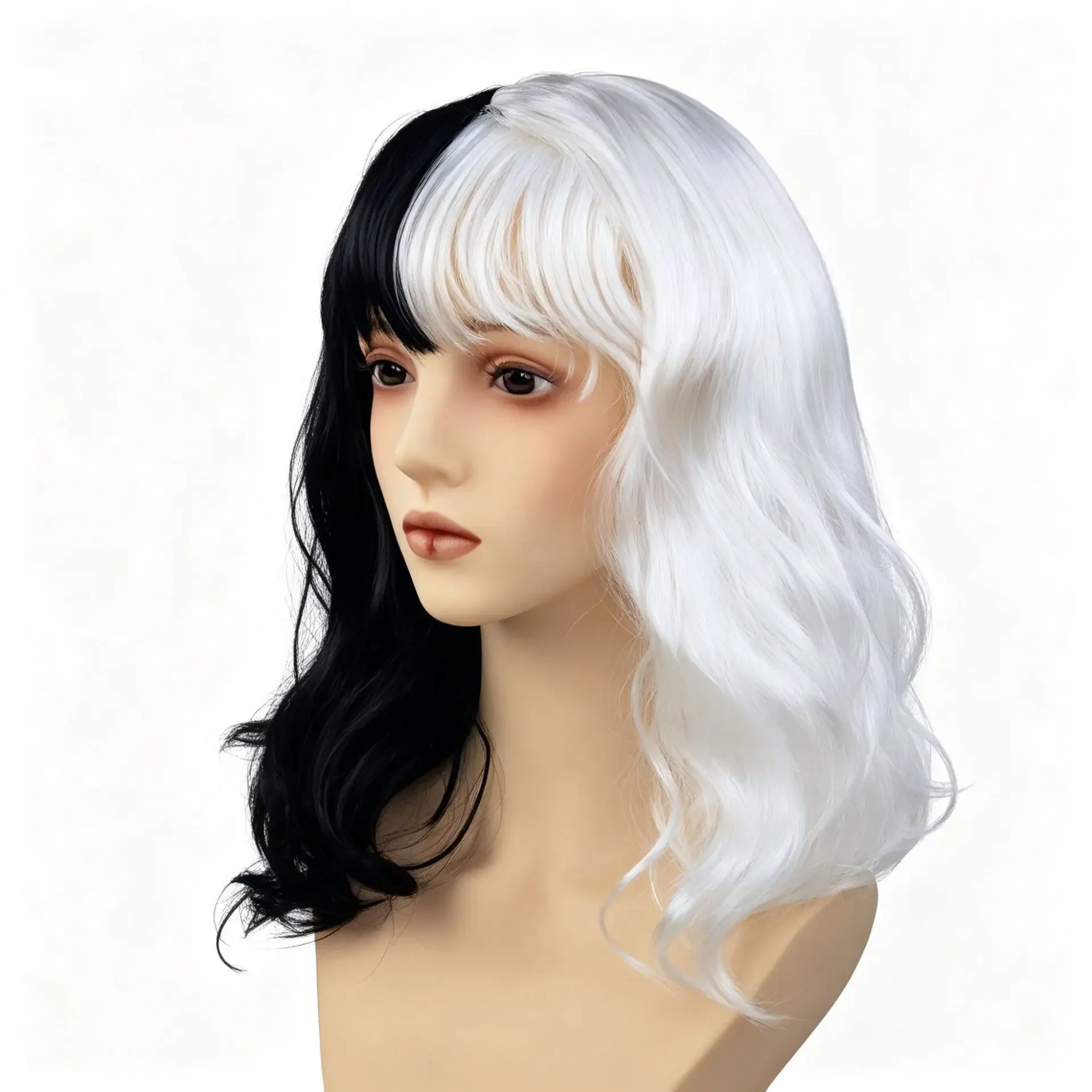 Black White Two-Tone Wavy Wig Bangs Cosplay Headpiece Cruella Witch Costume Halloween Party Prop for Women Men Fancy Dress Adult