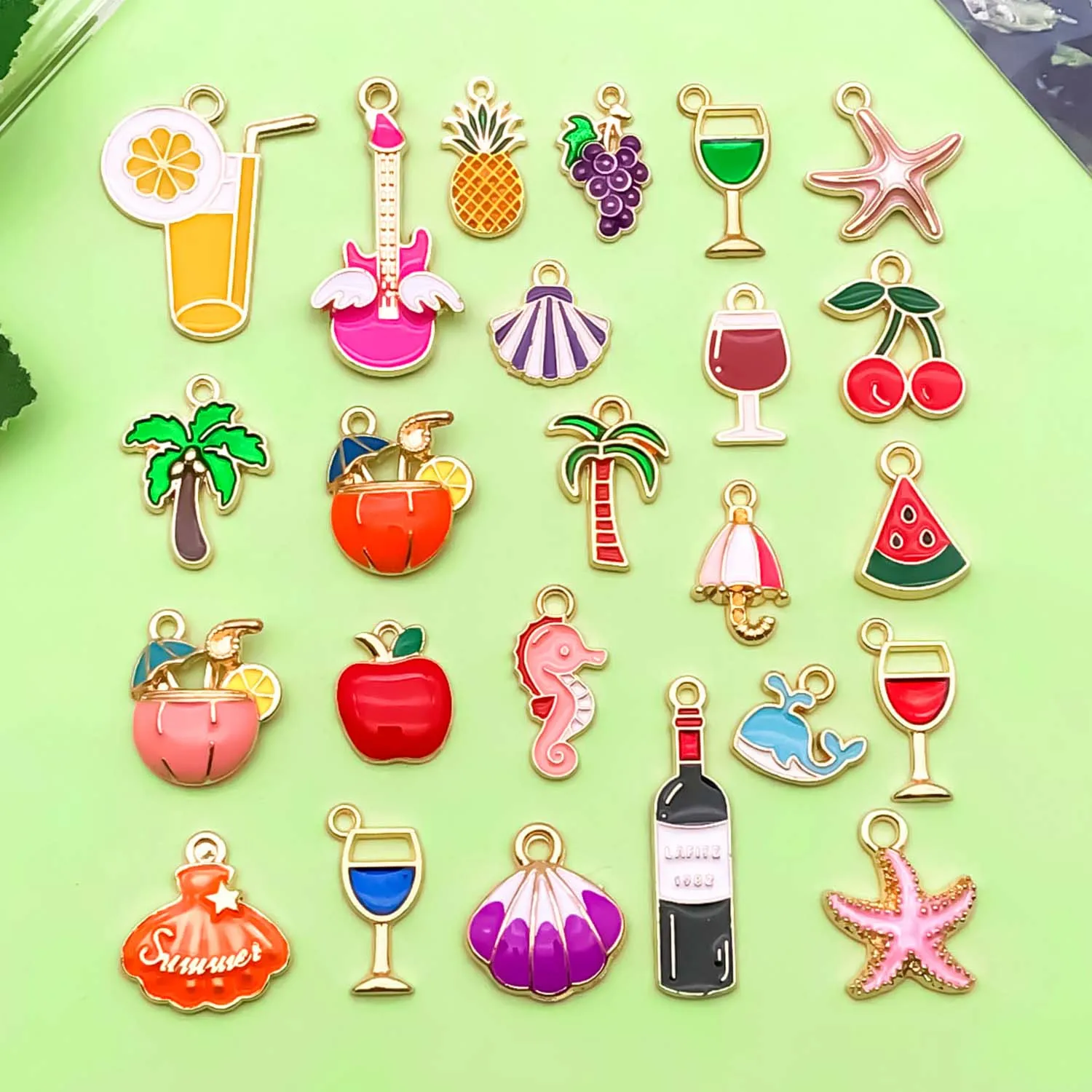 20/24 pz smalto colorato estate spiaggia Charms lega frutta, bevanda, ciondoli vita marina per gioielli fai da te che fanno accessori