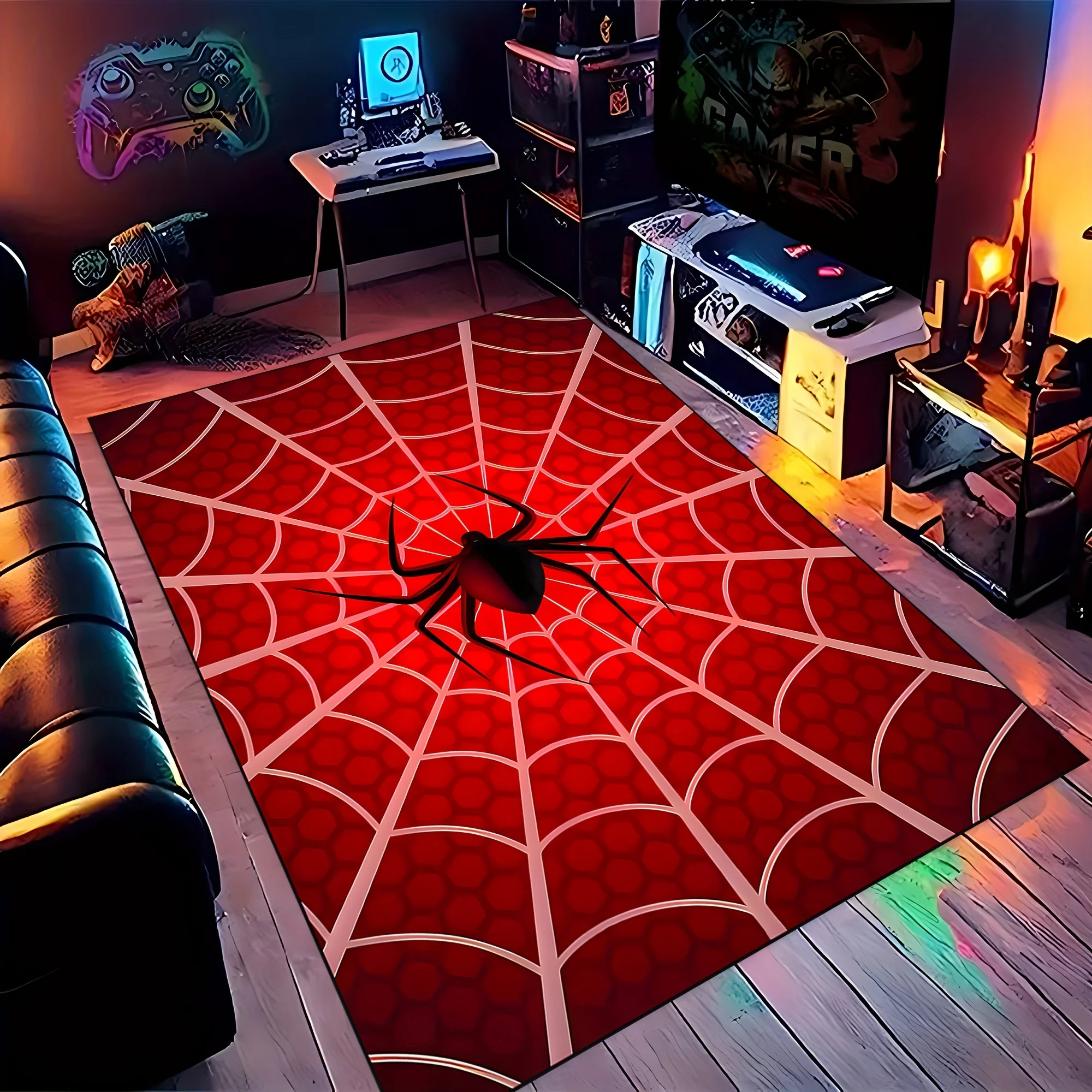 3D Visual Spider Web Pattern Area Rug – Non-slip, Washable Floor Mat for Living Room, Bedroom, Playroom, Boy Room Decor