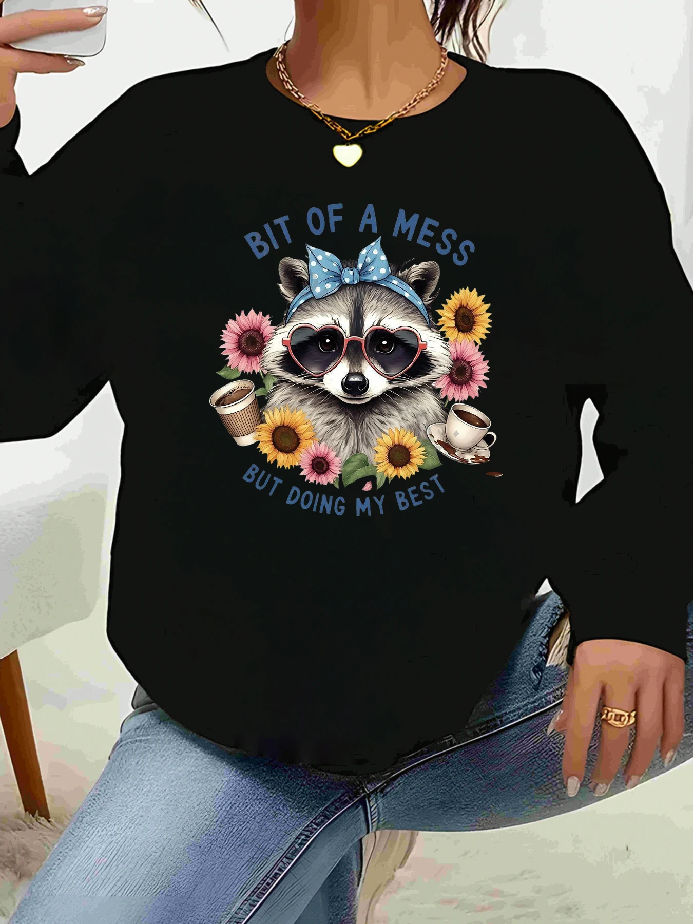 

Повседневная одежда с длинными рукавами и цветочным принтом енота «Будь беспорядок, но сделать мою лучшему»