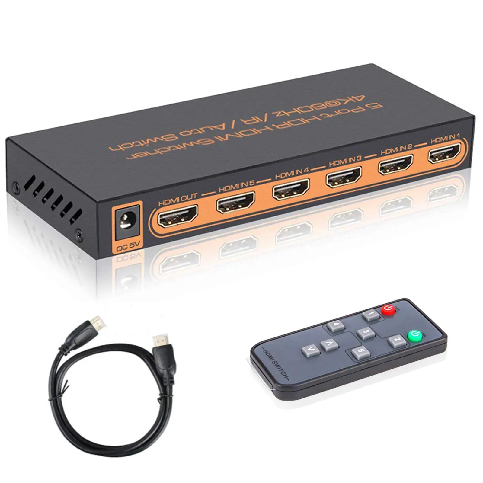 4K HDMI Splitter Switch 5 In 1 Out HDMI Switcher with IR Remote Support 3D,  HDR for PS 3/4 ,DVD Player, HDTV, Projector