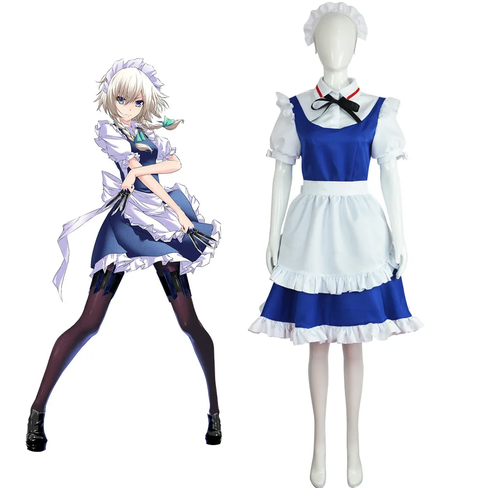 Game Touhou Project Izayoi Sakuya Cosplay Costume Blue White Maid Dress Lolita Wig Woman Lovely Christmas Birthday Party Suit