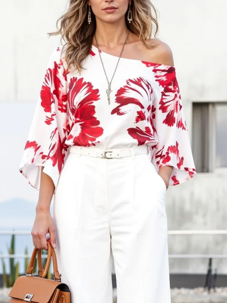 UOOZEE 2025 New Fashion Contrast Color Floral Printed Tops For Women Long Sleeves One-Shoulder Loose Casual Office T-shirts view 2