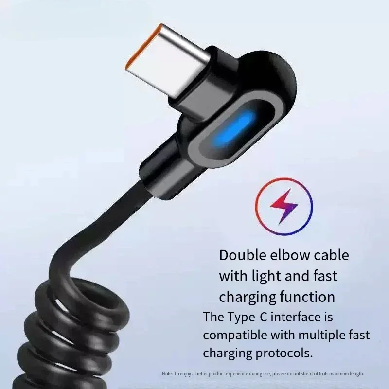6A Dual Bend Spring Fast Charging Cable USB C Super Speed Data Line Subway Commute Quick Power Top Up