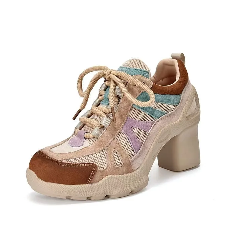Cross Tied Mixed Colors Sneakers Round Toe Height Increase Mesh Patchwork Women Casual Retro Platform Pumps 2026 Autumn Trend