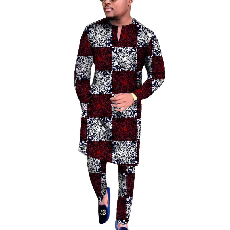 Original Design African Print V-neck Men’s Set Retro Style Shirt Patch Elastic Waist Pants Tailored Traditional Party Outfits