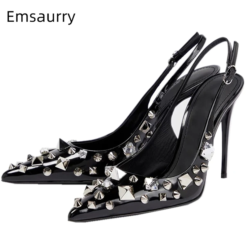 

Sexy Rivet Decoration Pointed Toe Women Pumps Luxury Patent Leather Slingbacks Thin High Heel Dress Shoes For Girls