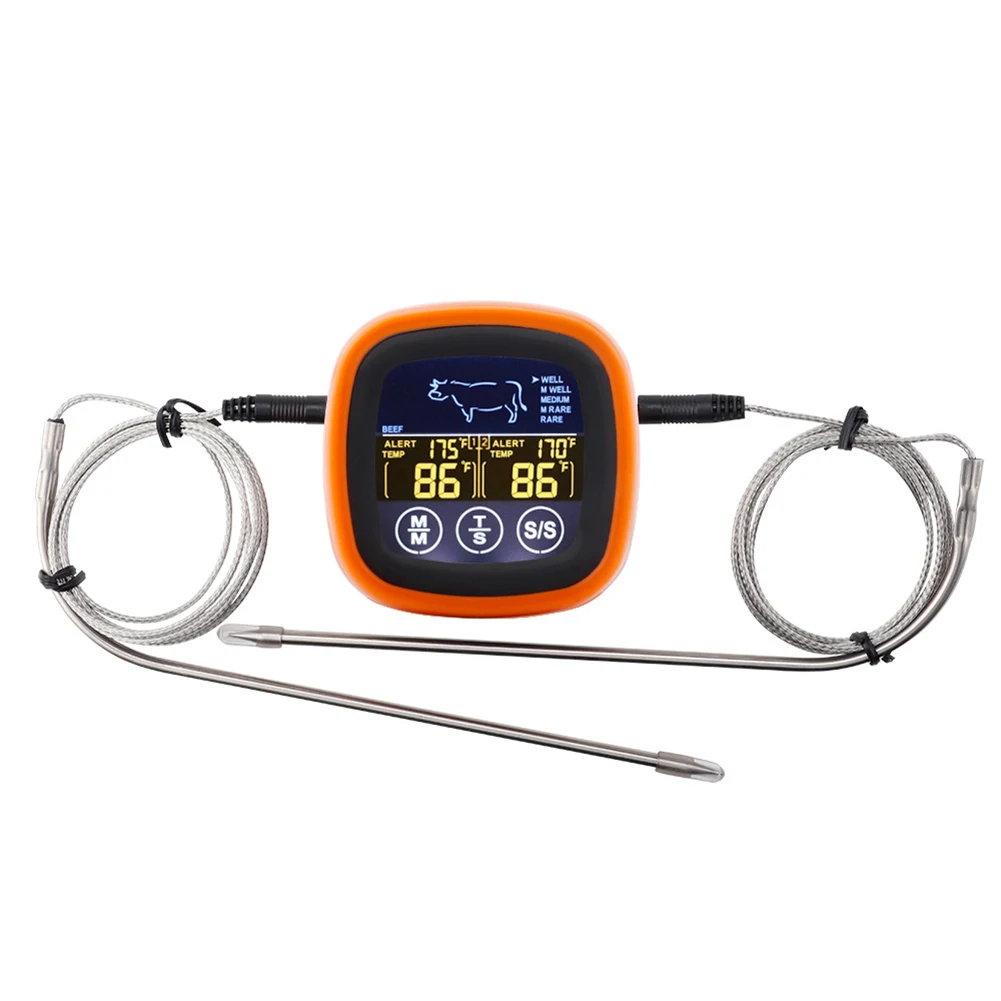 

Термометр с таймером для приготовления пищи, цифровой термометр для еды, вечеринка для барбекю, в комплект входит 2 батарейки AAA, оранжевый силиконовый чехол для барбекю