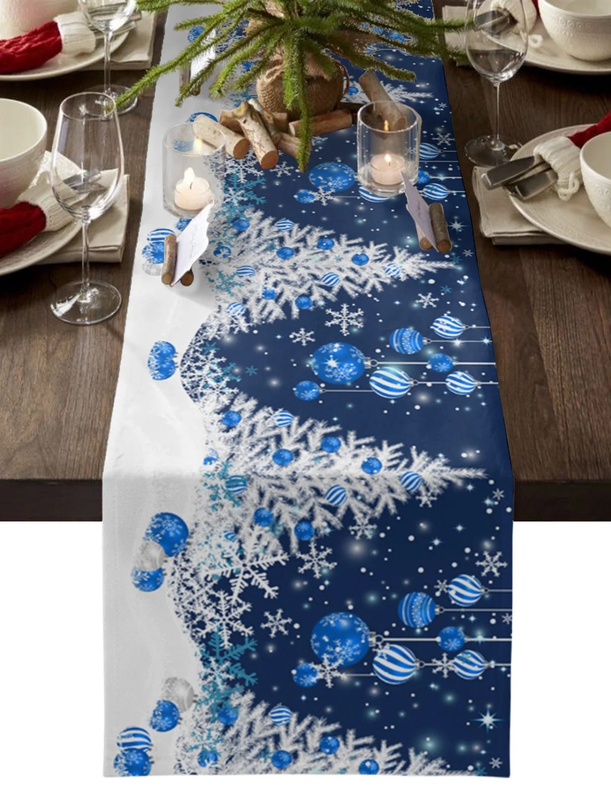 Blue Christmas Tree Christmas Ball Snowflake Linen Table Runner Dresser Scarves Decor Reusable Kitchen Dining Table Decorations