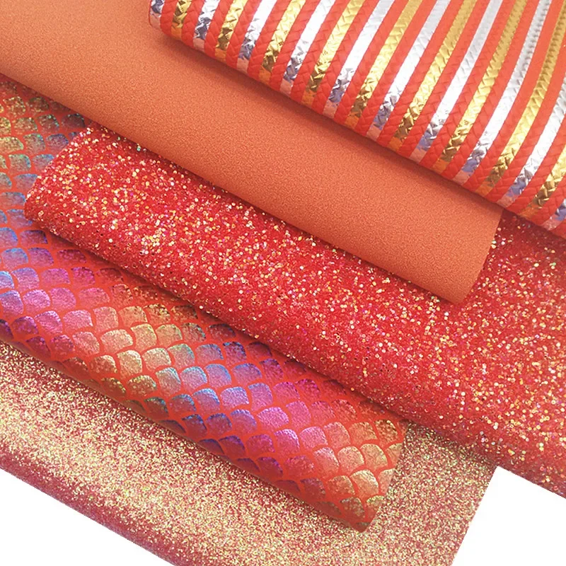 Orange Red Faux Vinyl Stripes Fish Scales Custom Synthetic Leather Suede Fabric Shimmer Vinyl Fabric For DIY 21x29CM Y372