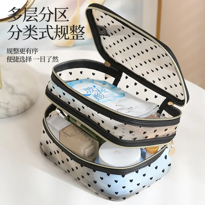 Travel Storage Mesh Handheld Double-layer Makeup Bag with Visible Pocket for Change, Keys, Lipstick, and Miscellaneous Items