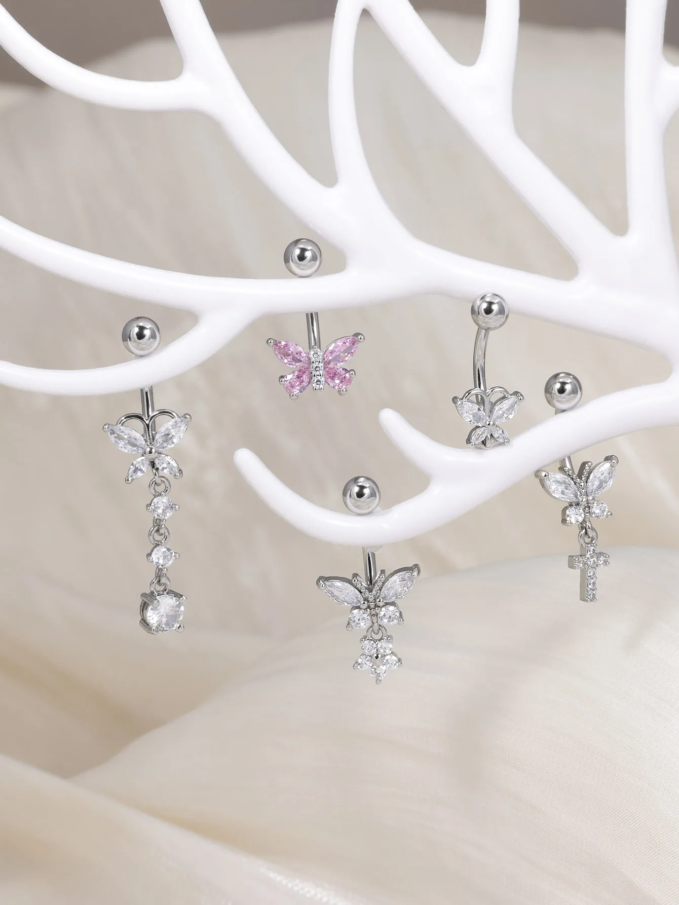 Butterfly Dangle Belly Button Ring Surgical Steel Navel Rings Pink Zircon Umbilical Ring Hypoallergenic Tummy Ring  Piercing