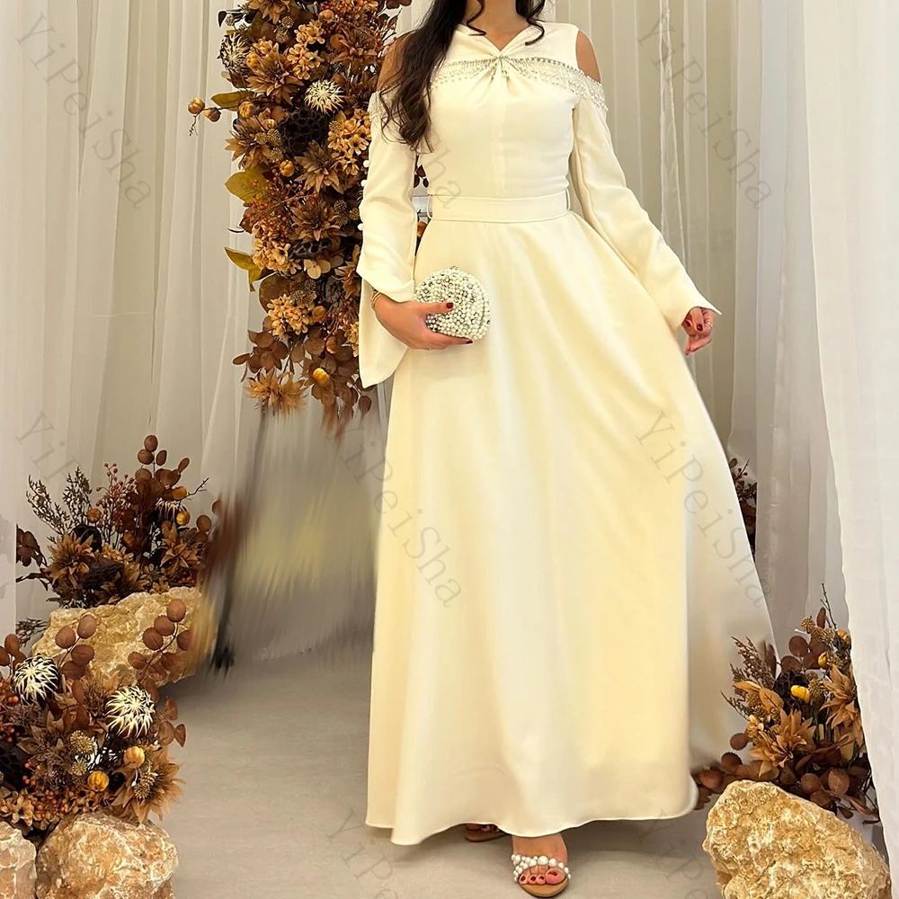 فساتين سهرة مخصصة على شكل حرف a بطول الكاحل ورقبة على شكل حرف V وأكمام طويلة فستان حفلات بسيط على الموضة مطرز بالخرز ثنيات كاجوال للحفلات