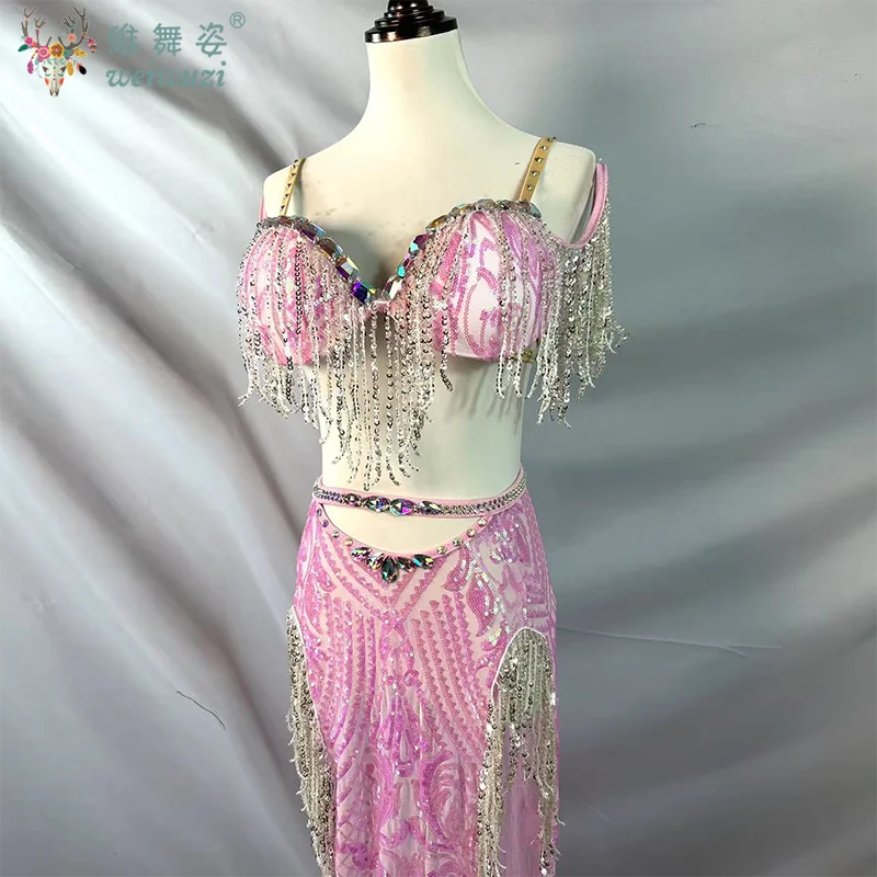 여성용 벨리 댄스 의상 하이 엔드 맞춤형 럭셔리 다이아몬드 브래지어 + 태슬 스팽글 롱 스커트 2pcs 성인 공연 복장