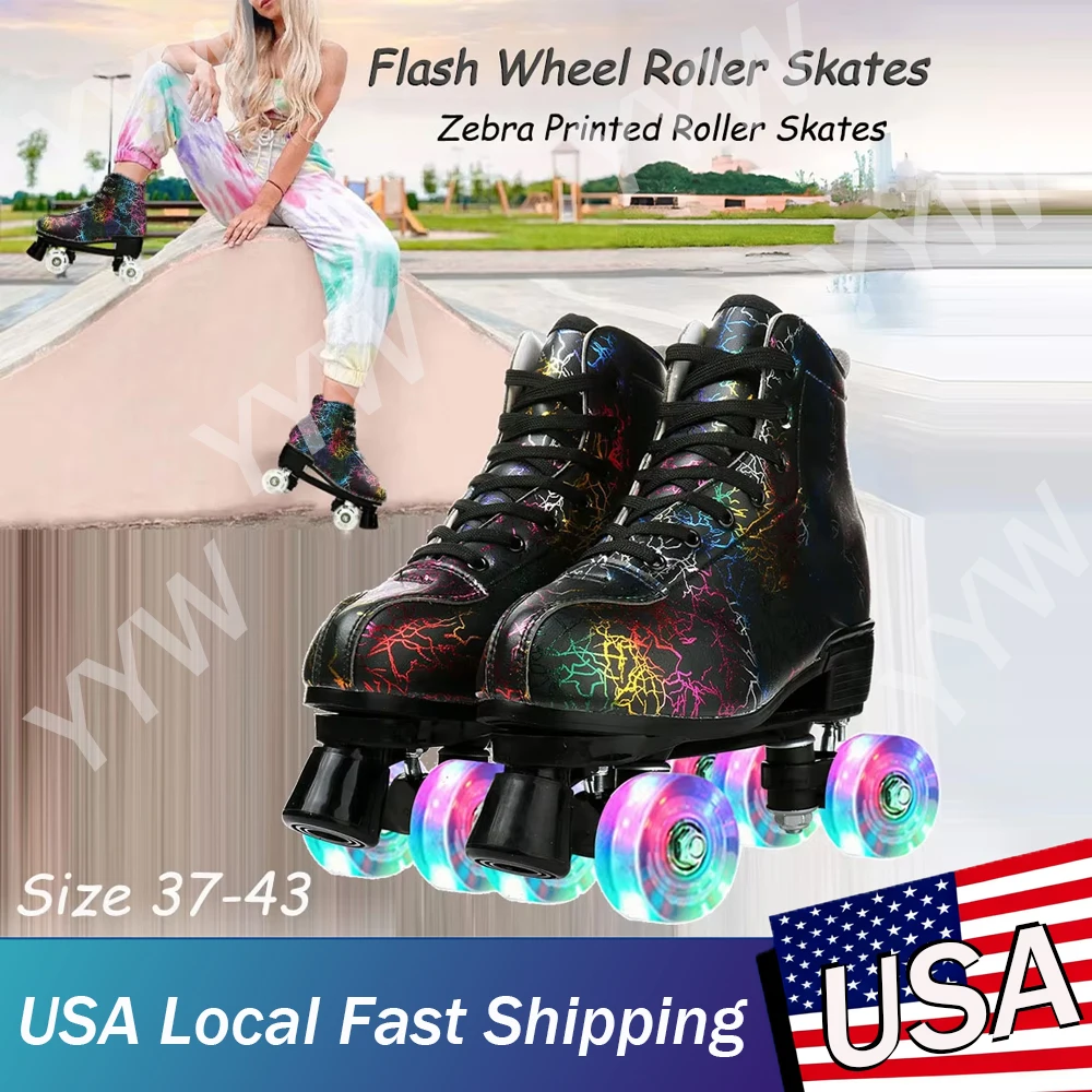 

Роликовые коньки с принтом зебры, роликовые коньки из искусственной кожи с высоким берцем, обувь для катания на коньках, кроссовки для квадроциклов, 4-колесные туфли с флэш-колесными колесами