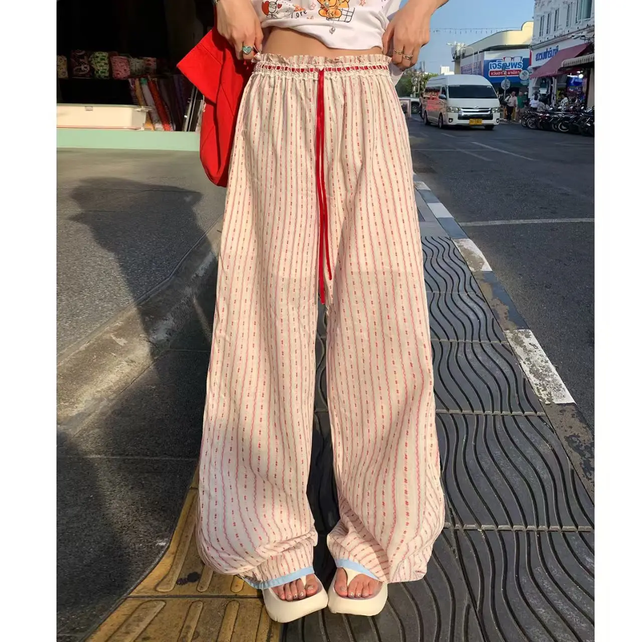 Korean Summer Y2K Sweet Print Pants Women Outdoor Vacation Style Loose Straight Leg Casual Pants All Match Fashion Trousers