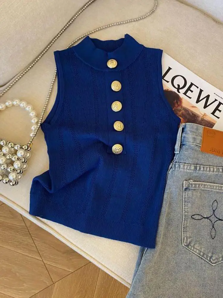 

Women Blue Single Breasted Sexy Slim Tank Tops Summer O Neck Sleeveless Off Shoulder Knitted Vest Clothing Streetwear Simplicity