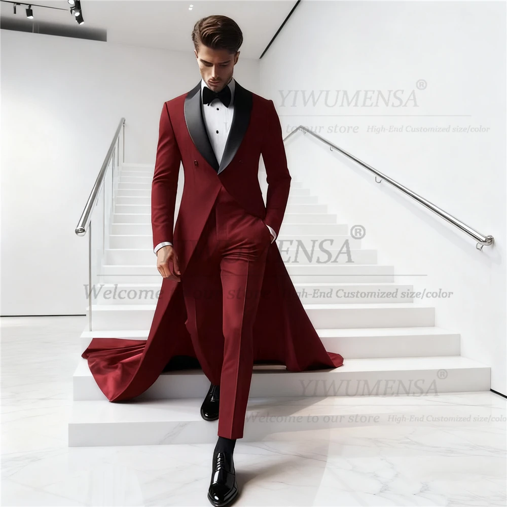 

Designer Suits Men For Wedding Black Lapel Prom Blazer With Long Train Customized Groom Banquet Wear Tuxedos 2 Pcs Ropa Hombre