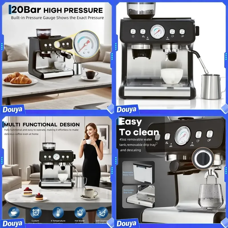 TWISTER.CK 20 Bar Espresso Machine with Conical Burr Grinder & Milk Steam Wand – Stainless Steel Coffee Maker, 2.8L Removable
