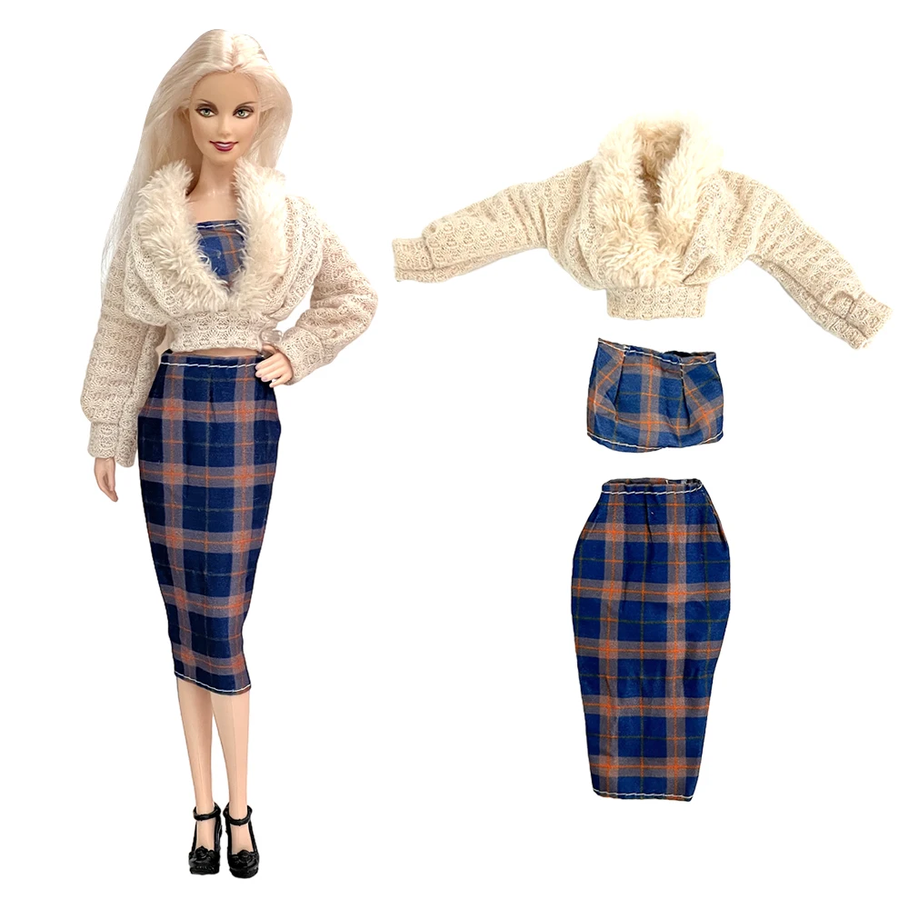 3 Pcs/Set Doll Outfit Fashion Fur Coat+ Plaid Top +Casual  Lady Dress Daily Wear for 1/6 Doll Clothes 30 CM Dolls Accessories