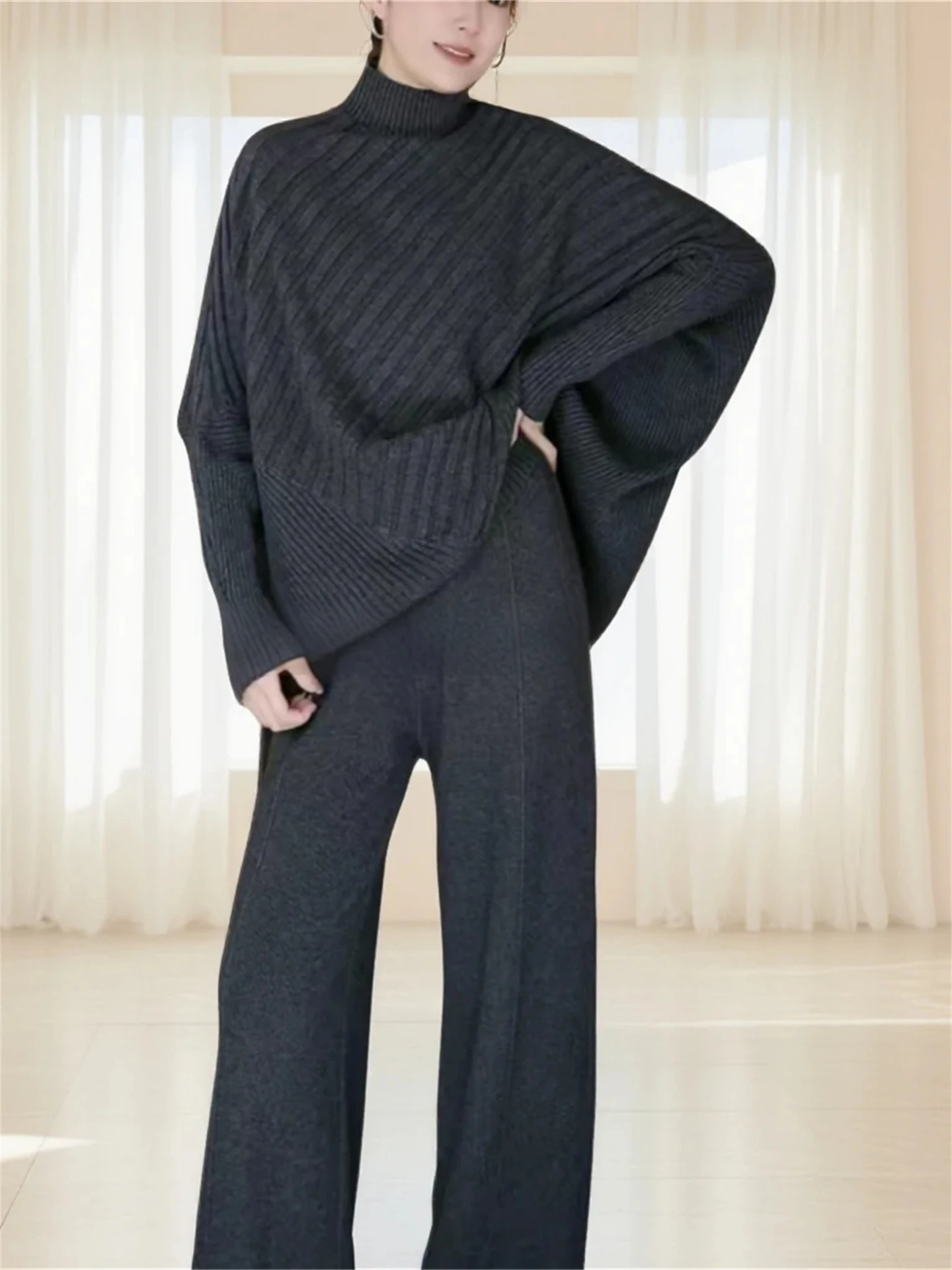 

Корейский Sle Lazy, повседневный свободный женский комплект из двух предметов, однотонные утягивающие брюки, удобный трикотаж с длинными рукавами и высоким вырезом