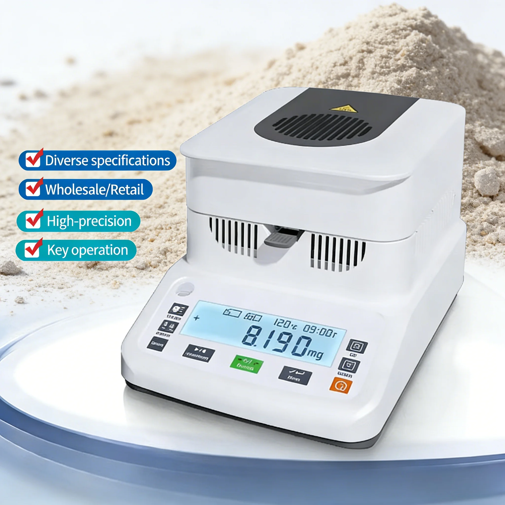 High-precision 120g/5mg grain moisture meter with LCD screen, halogen type, suitable for sand, gravel, soil, flour laboratory