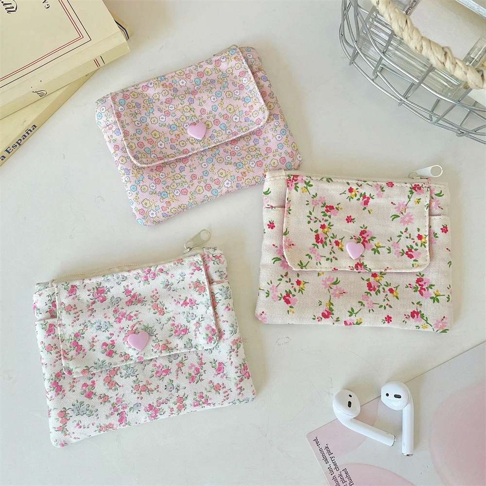 Canvas Mini Coin Purse Simple Zipper Kid Storage Pouch Money Pocket Cute Floral Coin Key Bag Women Girl Cute Wallet Mini Purse