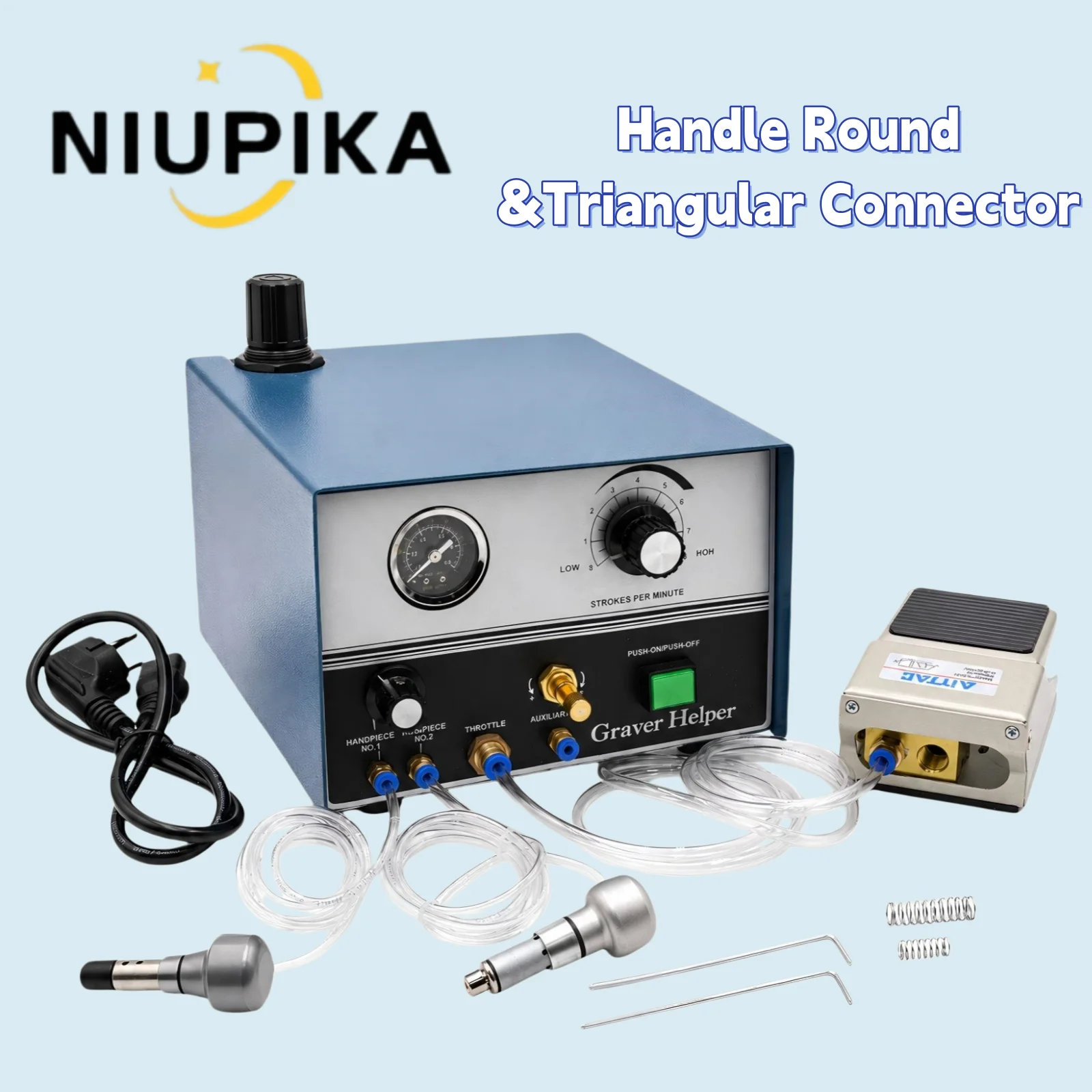 NIUPIKA Graver Helper Pneumatic Engraving Machine with Handle Round &Triangular Connector Jewelry Making Tools 110V/220V