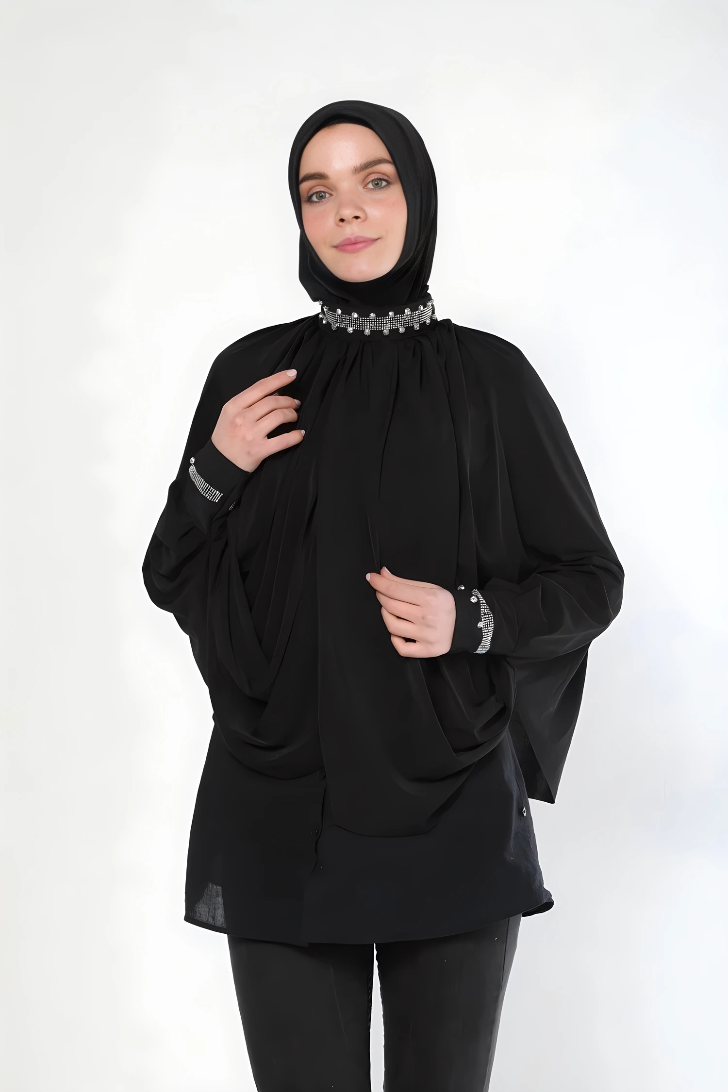 2024 summer new style 1 pc Women\'s Khimar Elegant Style Hijab Studded Diamond black Cloak Shawl
