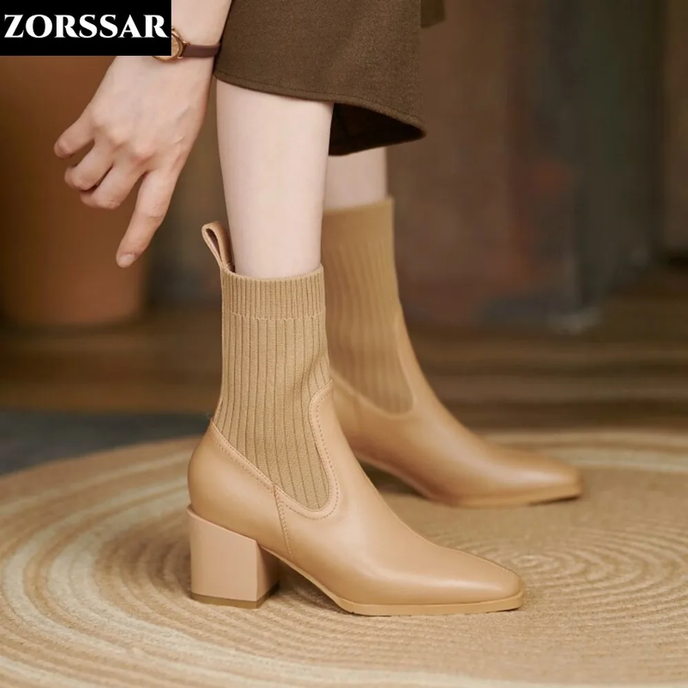 

2024 Autumn Ins Female Chelsea Ankle Boots Paris Fashion Sock Boots Woman's Pointed Toe High Heels Streth Boots Plus Size 34-42