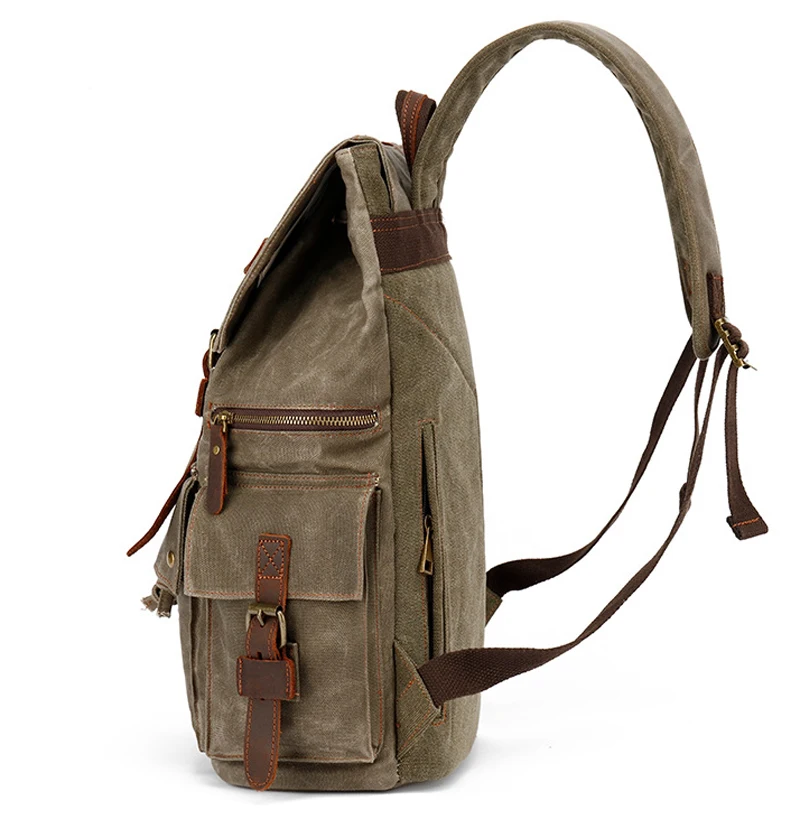 High Quality Waterproof Waxed Canvas + Genuine Leather Backpack Men Hiking Bagpack Large Canvas Travel Backpack male Daypack image 3