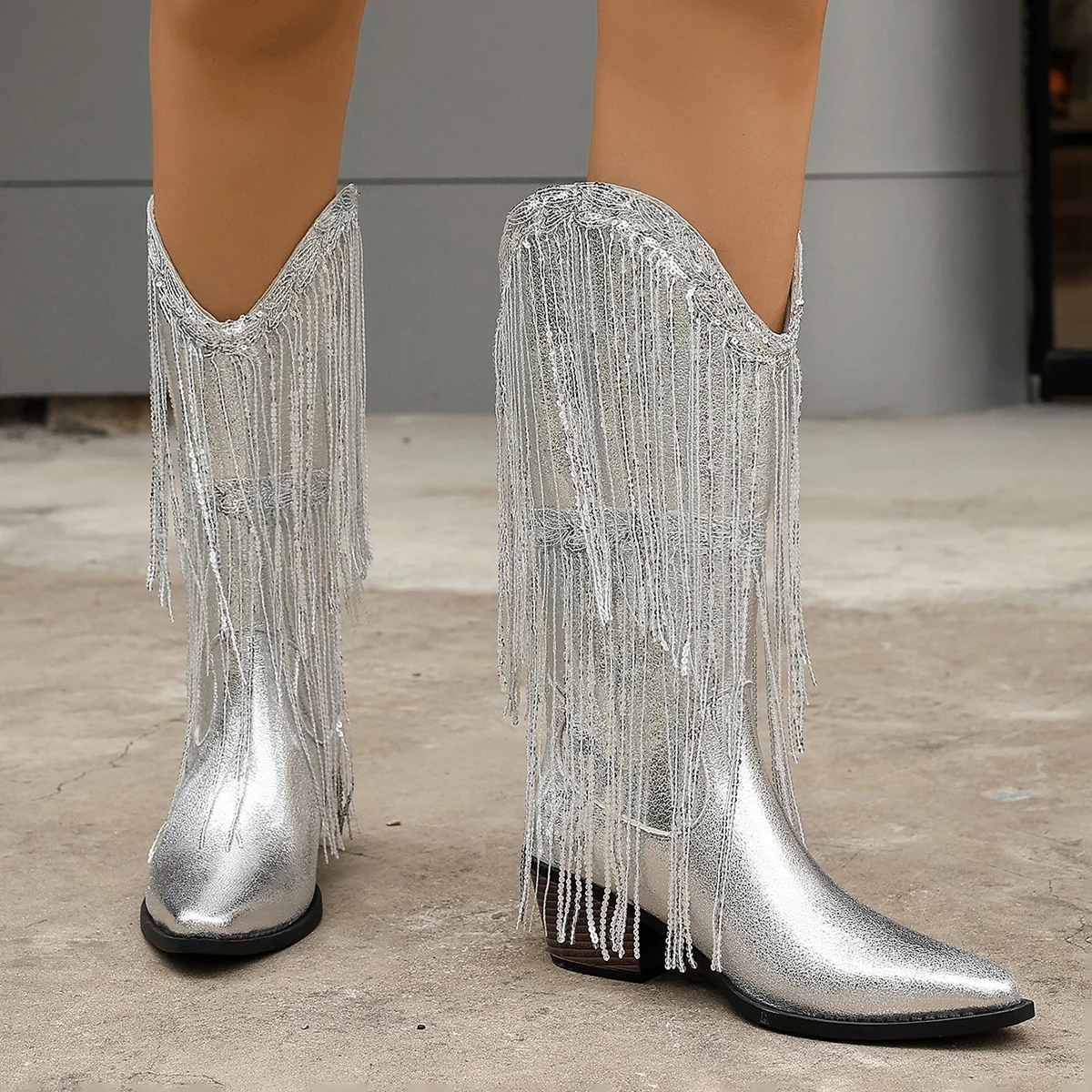 Glittering Silver Cowboy Boots with Long Tassels, Pointed Toe Western Boots, Chunky Low Heel Biker Style