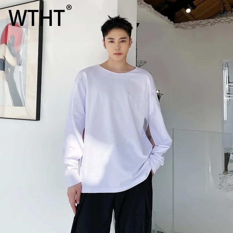 

WTHT модные мужские однотонные футболки с открытым дизайном, модные осенние повседневные топы с длинными рукавами и круглым вырезом 2023, мужские 2A1624