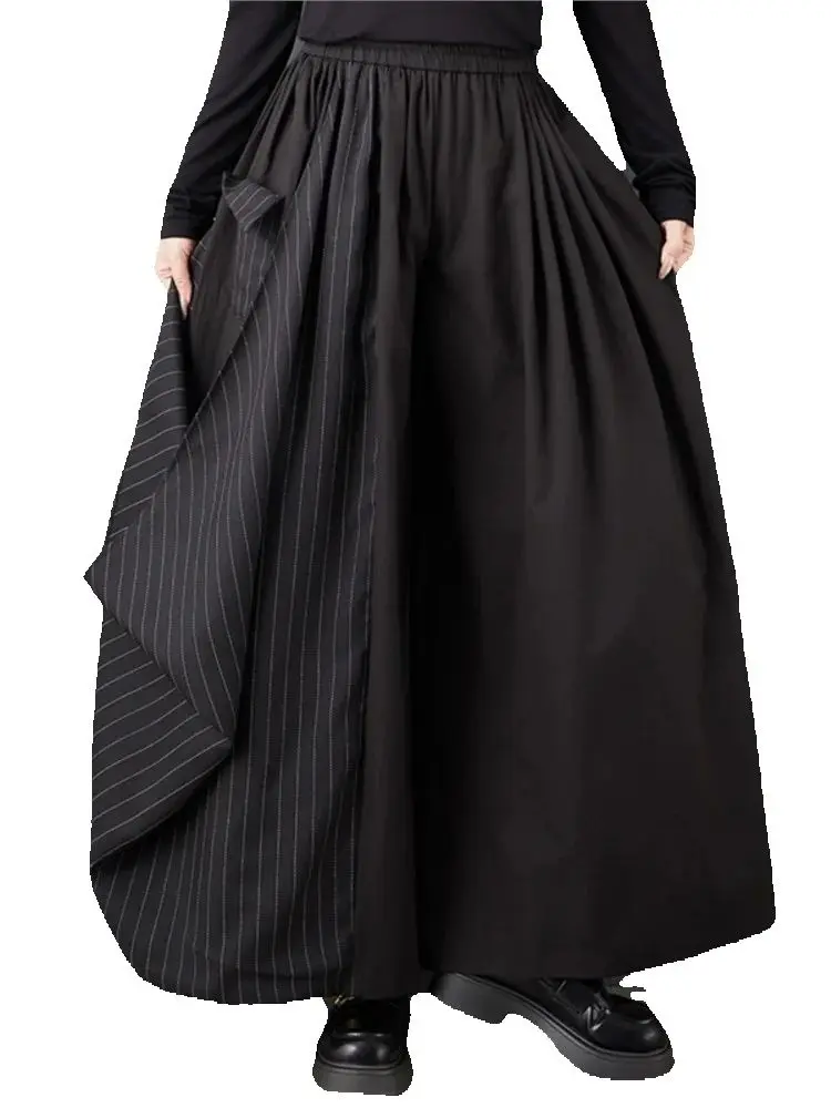 กางเกงขายาวทรงหลวมพิมพ์ลายทางสไตล์แฟชั่นสำหรับผู้หญิง  ผ้าผสม  ใส่สบาย  เอวยางยืด  ขากว้าง  เหมาะสำหรับฤดูใบไม้ผลิและฤดูใบไม้ร่วง